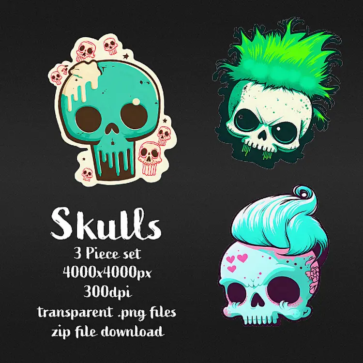 Skulls 3 piece sticker set png files